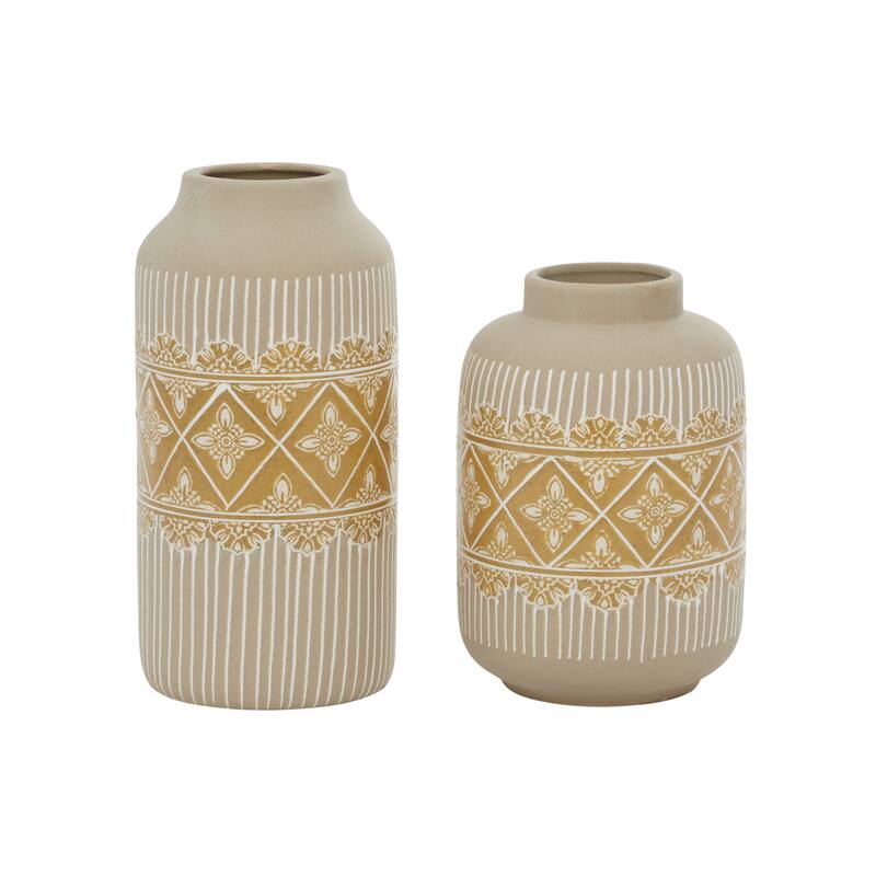 Beige Ceramic Handmade Floral Decorative Vase with Diamond Pattern (Set of 2)