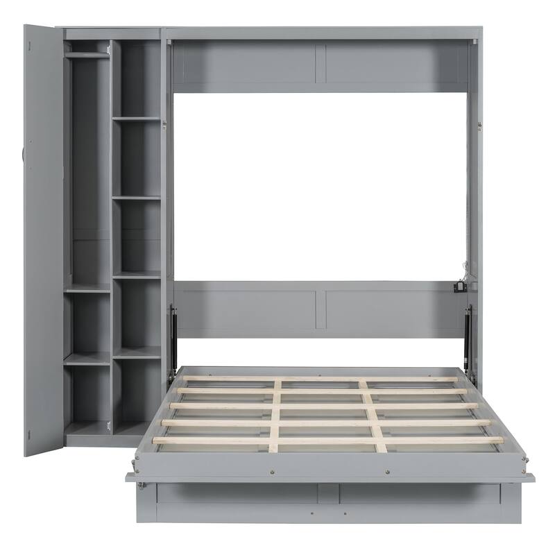 Space-Saving Full Size Wall Bed with Shelves, Wardrobe, and LED Lights, Gray