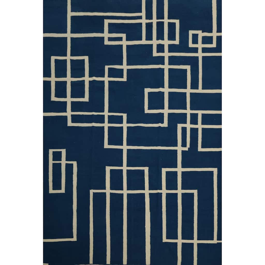 Hand Woven Oriental 100% Wool Carpet Southwestern Modern Navy Blue & Blues Kilim Area Rug - 12' 0'' X 8' 8''