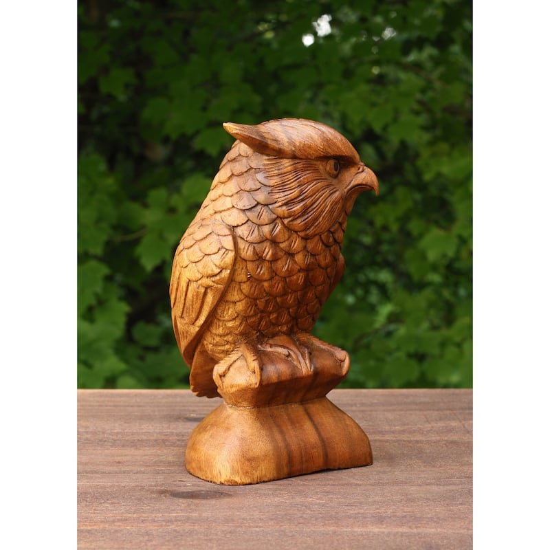 8" Wooden Handmade Owl Statue Handcrafted Figurine Art Home Decor Sculpture Wood Hand Carved Decorative Accent Decoration