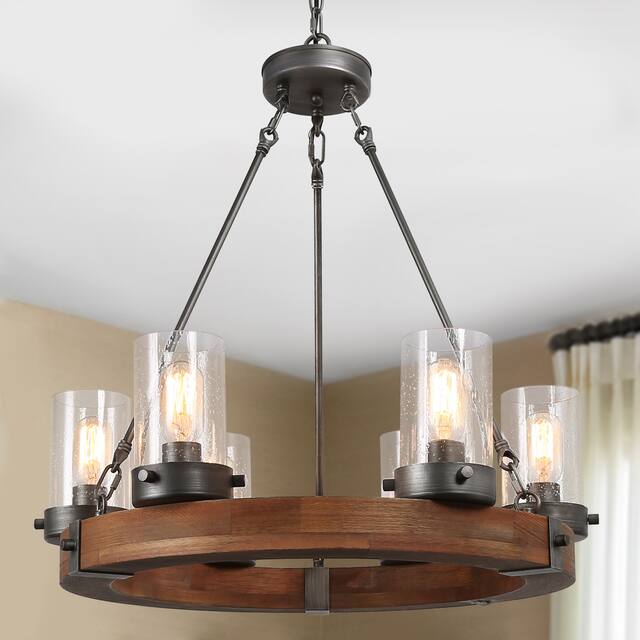 Carbon Loft Farmhouse 6-Light Wood Wagon Wheel Chandelier with Glass Shade for Dining Room