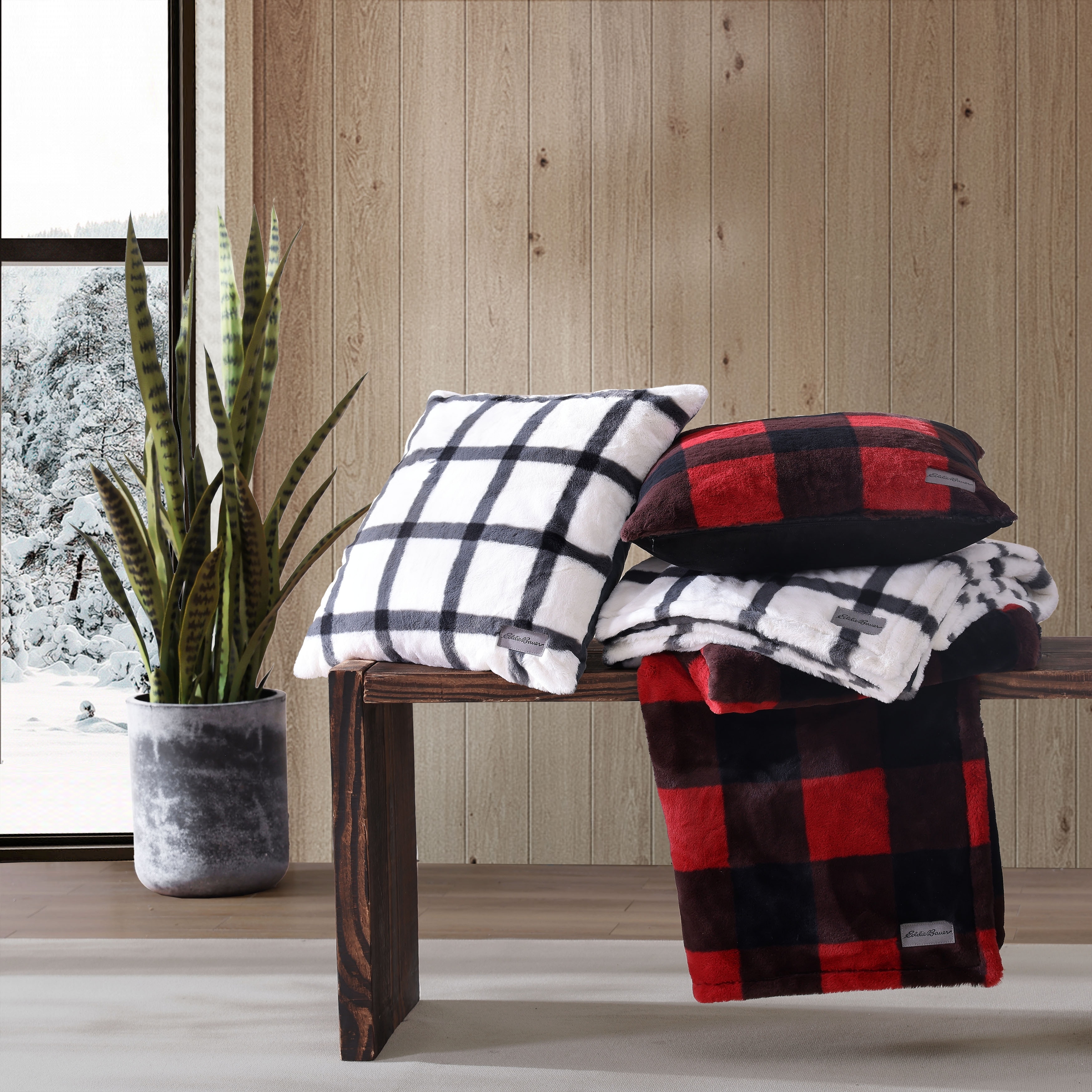 Eddie Bauer Faux Fur 2 Piece Throw Blanket Pillow Set Cabin Plaid Red