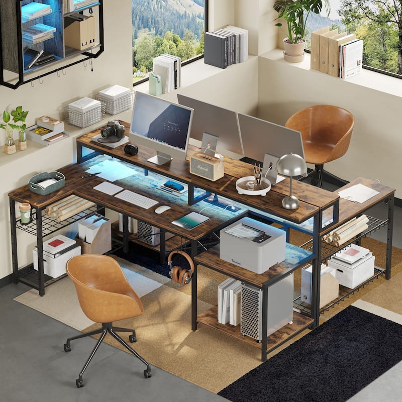Bestier 71.5“” Computer Desk with Power Outlets, L Shaped LED Home Office Desk with Long Monitor Stand and Cup Holder & Hooks