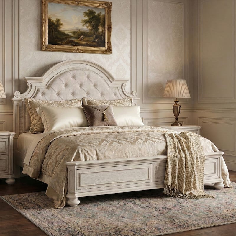Roundhill Furniture Nelson French Traditional Tufted Upholstery Bed, Antique White - Queen