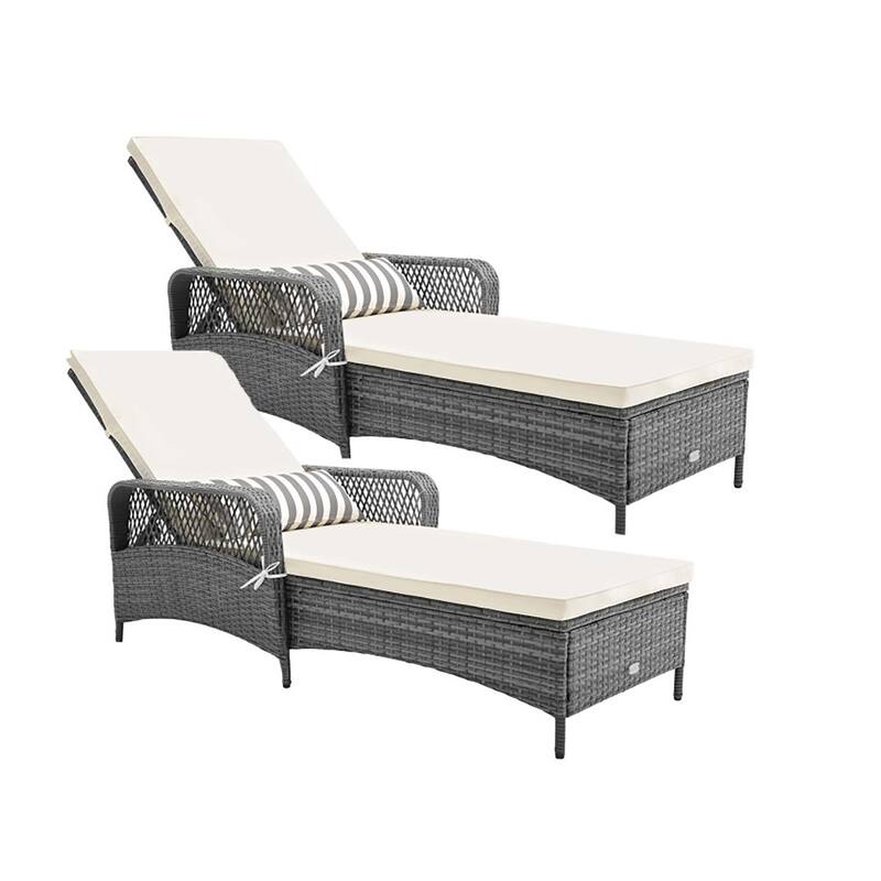 Outdoor Patio Recliner Chaise Lounge w/ Adjustable Backrest & Cushion - 2 PCS