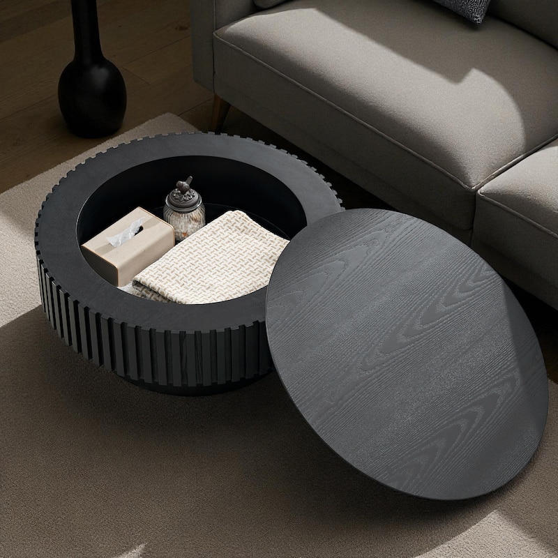 31.49'' Modern Round Coffee Table with Storage, Small Pedestal Coffee Table for Apartment or Living Room