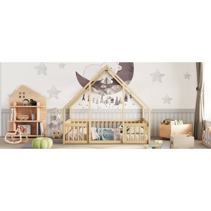 Roomfitters Twin/Full Wood House-Shaped Floor Bed with Fence and Guardrails, Low Profile Platform Bed, No Box Spring Needed