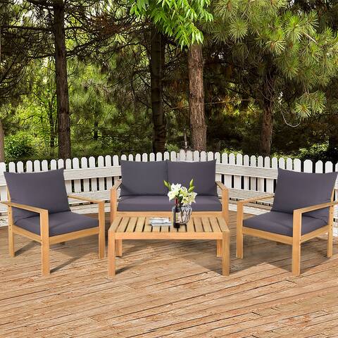 Gymax 4PCS Cushioned Wooden Conversation Set Patio Outdoor Furniture - See Details