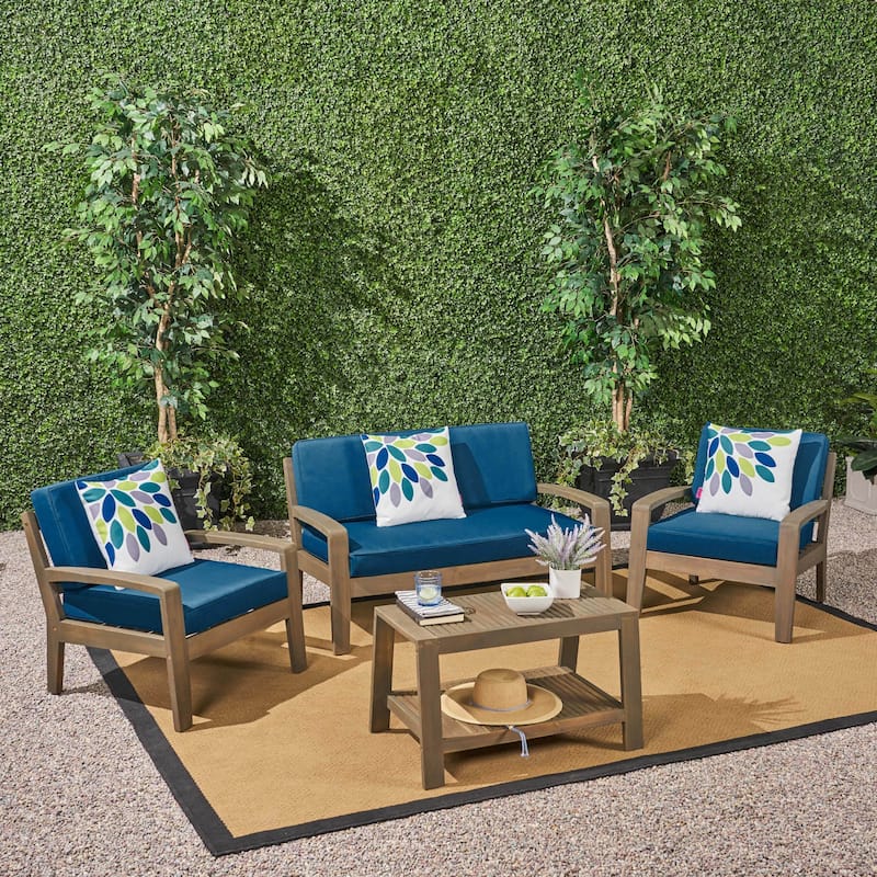 Grenada 4-Piece Outdoor Wood Chat Set with Cushions by Christopher Knight Home
