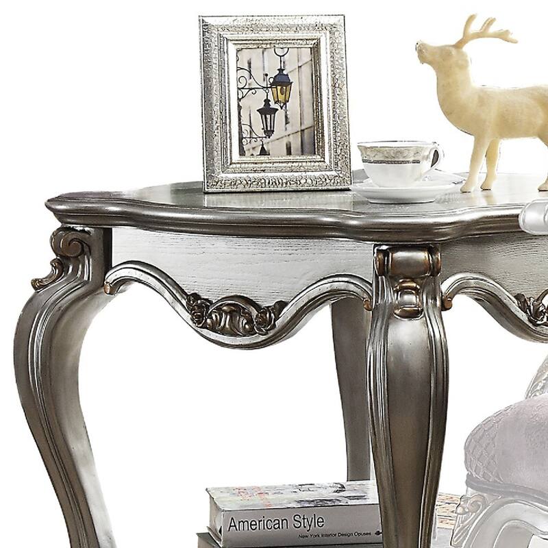 Side End Table, Scalloping, Polyresin Carvings and Bottom Shelf, Silver