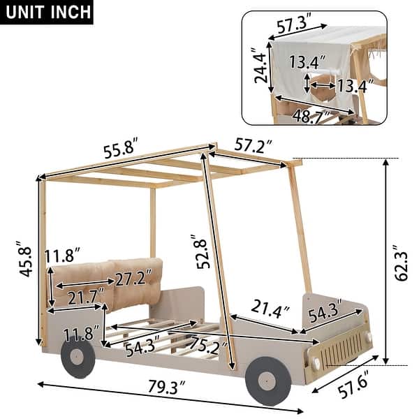 Wooden Full Size Car Bed with Pillow, Ceiling Cloth, LED Lights & Storage Rack, Natural