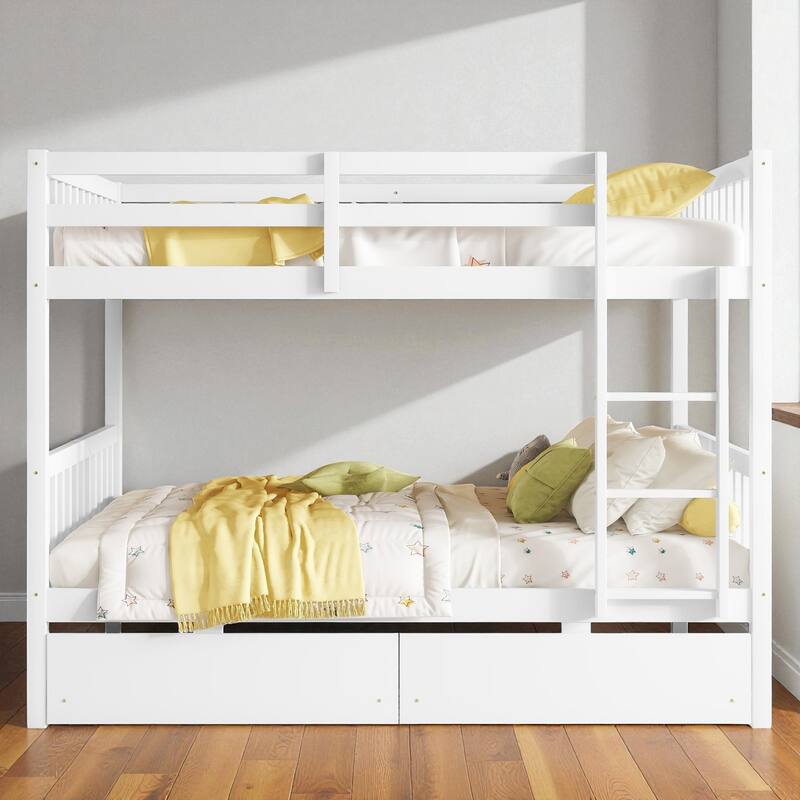 Full Over Full Rubber Wood Bunk Bed with 2 Storage Drawers, Convertible into 2 Full Beds, Ladder and Safety Guardrails
