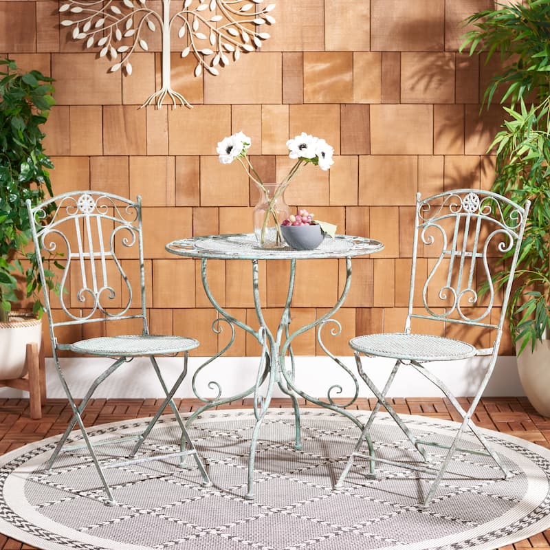 SAFAVIEH Outdoor Hailie Victorian Iron 3-Piece Patio Bistro Set. - 28"W x 28"D x 30"H - Antique Dark Green.