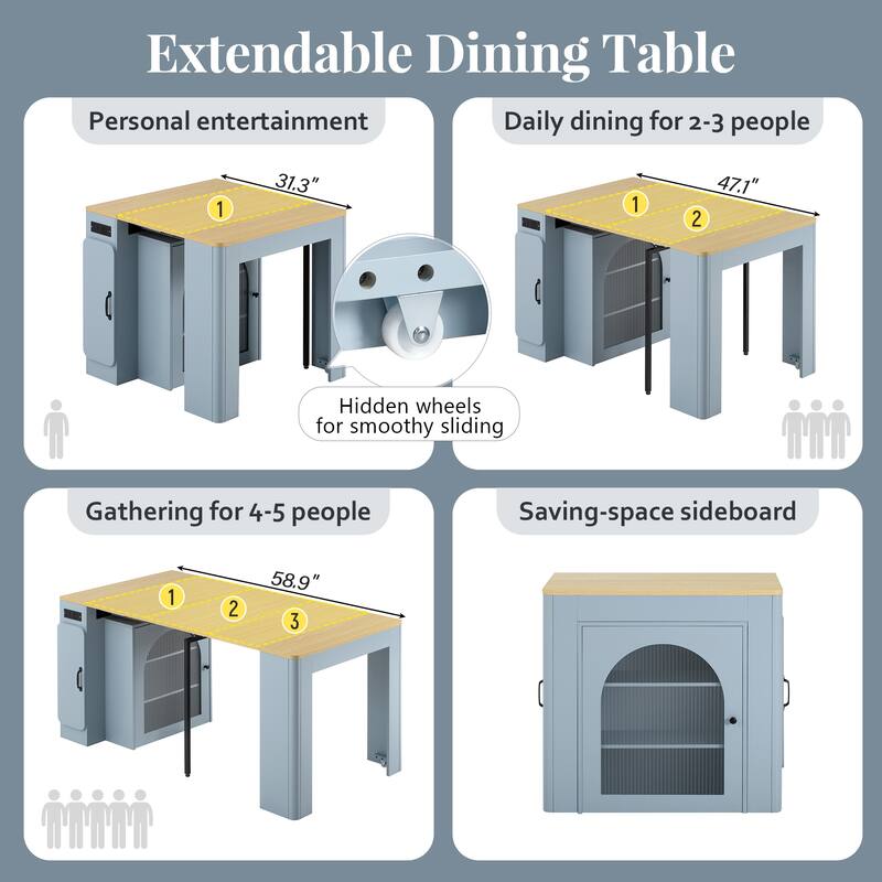 Extendable Dining Table with 3 Removable Middle Leaves,Mobile Rolling Table with Power Outlet,Saving-space Cabinet with Storage