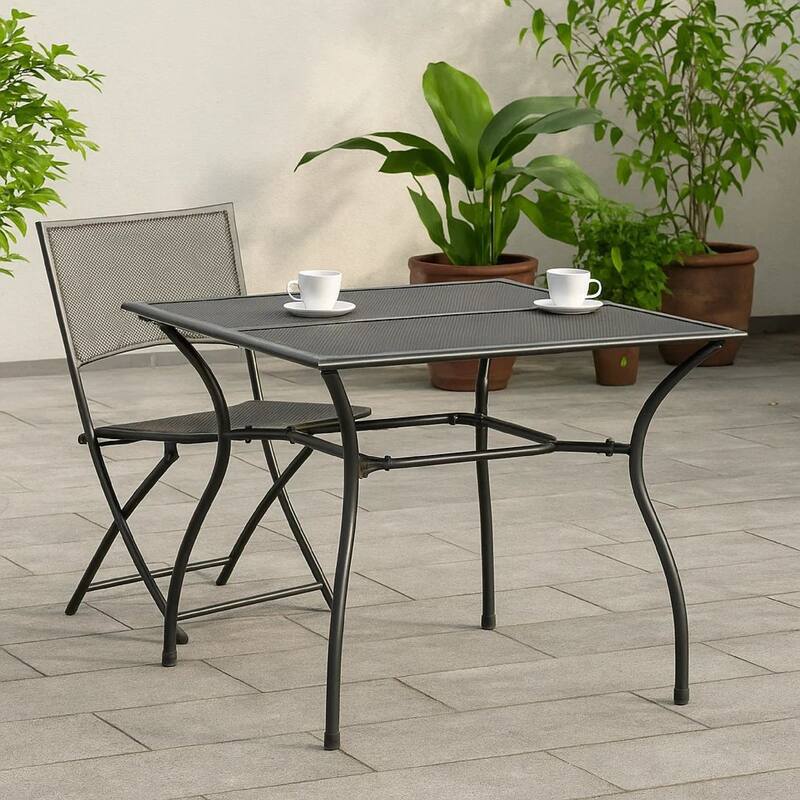 Outdoor Patio Dining Table, 35 Inch Square Mesh Top Classic Gray Metal