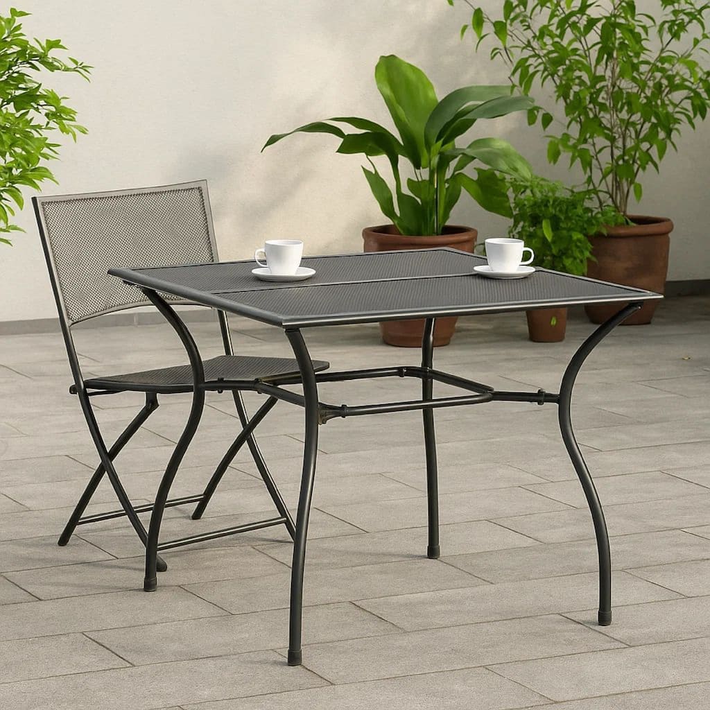 Outdoor Patio Dining Table, 35 Inch Square Mesh Top Classic Gray Metal