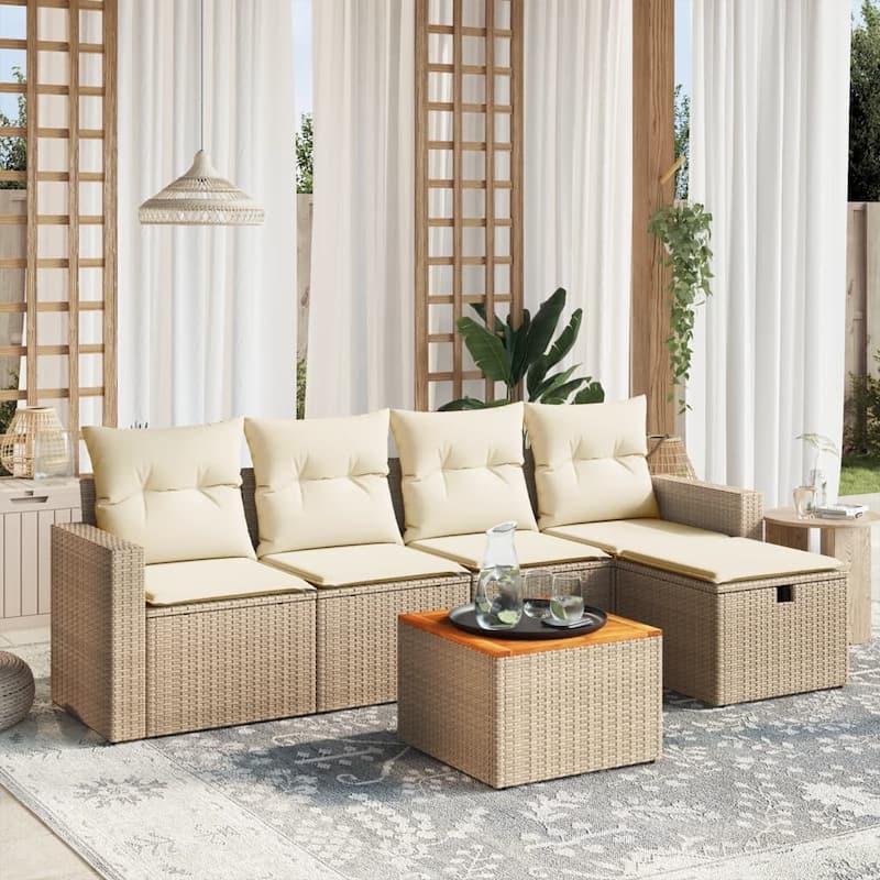 vidaXL Patio Sofa Set with Cushions Outdoor Furniture 6 Piece Poly Rattan - Beige and cream 6 Piece Set