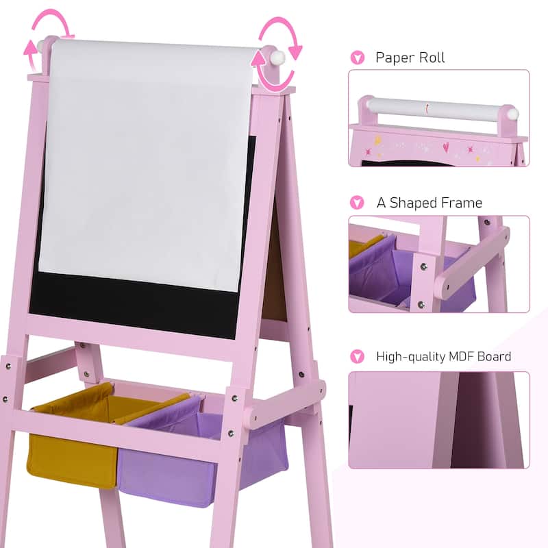 Qaba 3 In 1 Kids Wooden Art Easel with Paper Double-Sided Chalkboard & Whiteboard with Storage for Age 3 Years+, Pink
