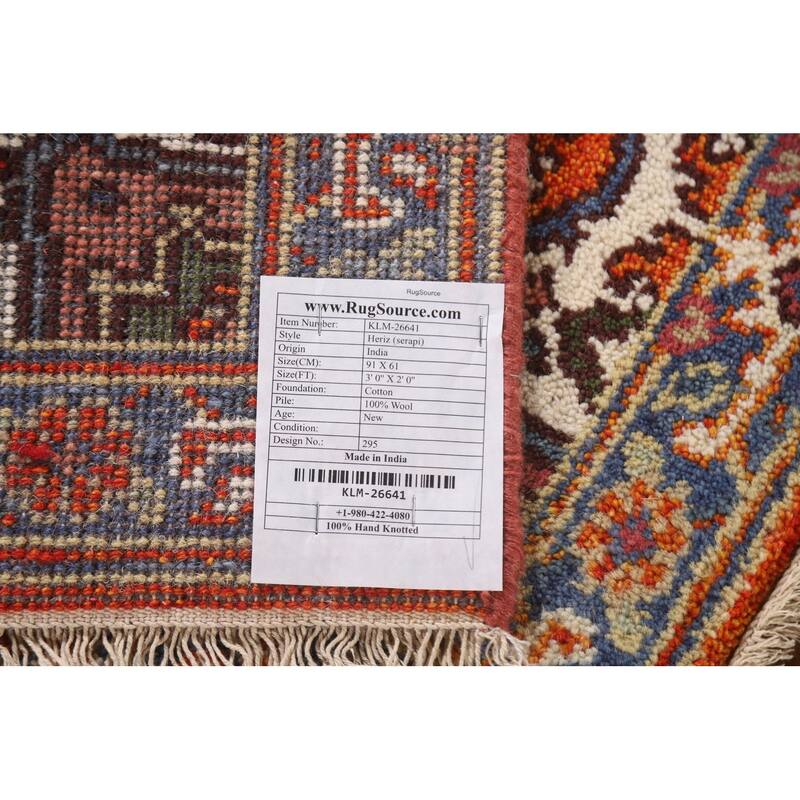 Geometric Orange Heriz Serapi Indian Rug Hand-Knotted Wool Carpet - 2'0"x 3'0"