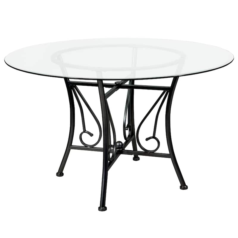 48'' Round Glass Dining Table with Curl Accent Matte Metal Frame - 48"W x 48"D x 29"H - 48"W x 48"D x 29"H - Clear Top/Black Frame