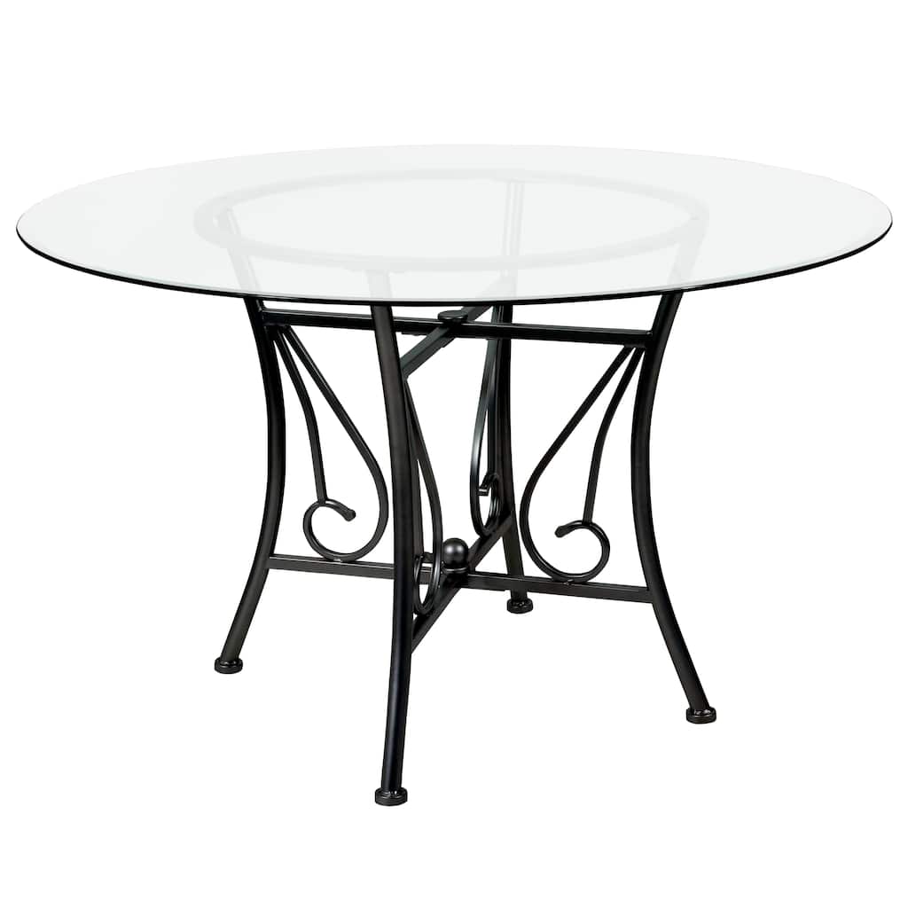 48'' Round Glass Dining Table with Curl Accent Matte Metal Frame - 48"W x 48"D x 29"H - 48"W x 48"D x 29"H