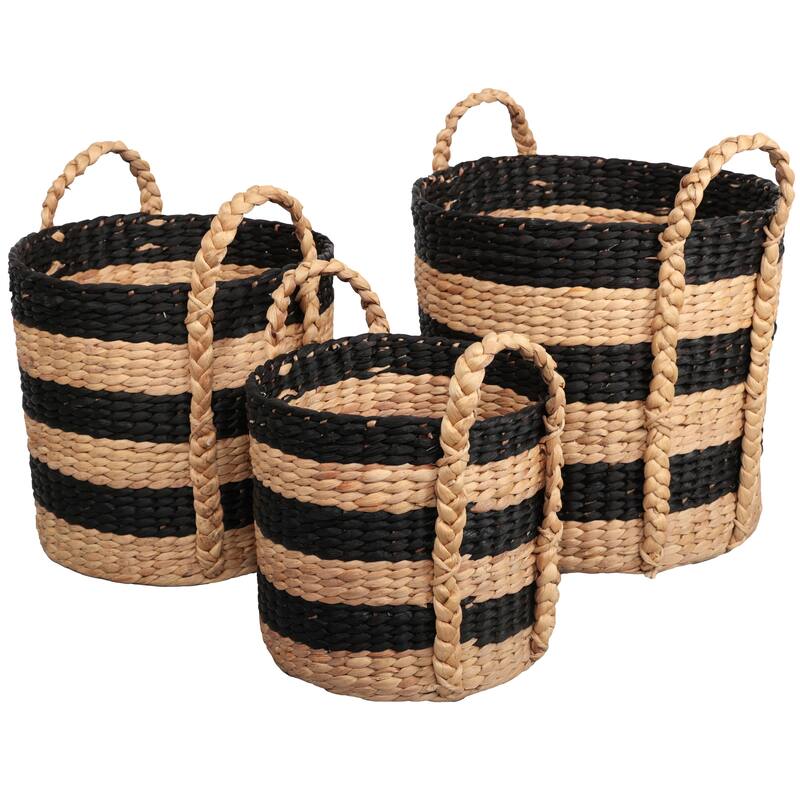 Willow Stripe Handwoven Water Hyacinth Nesting Storage Baskets with Handles(Set of 3) - Black Natural