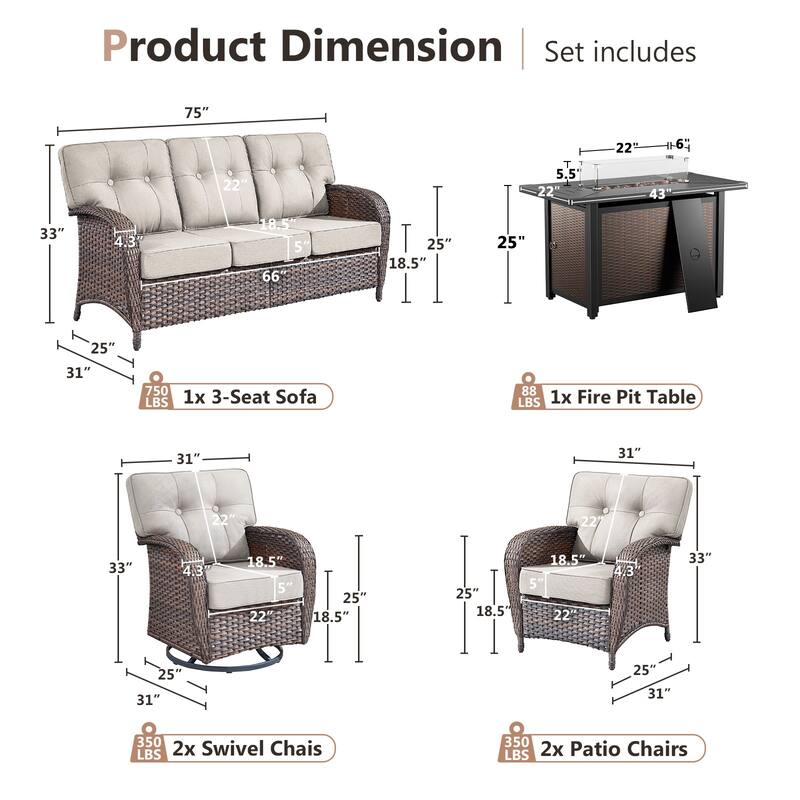 Pocassy Outdoor 43 In Fire Table with Sofa Patio Swivel Chair Set