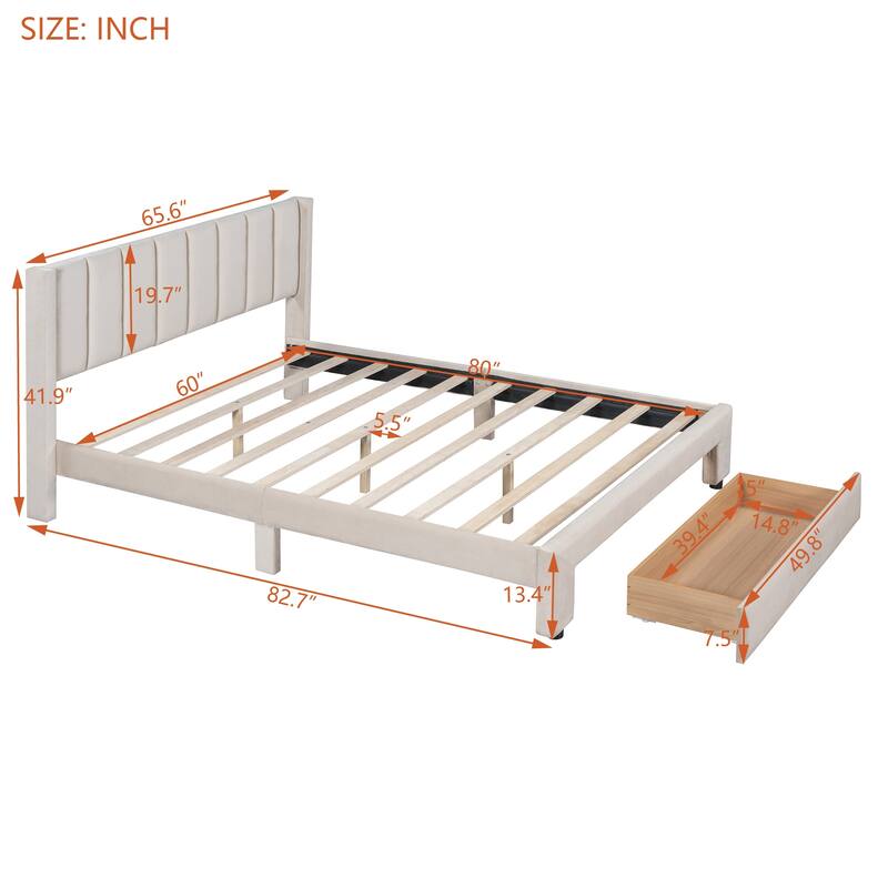 Velvet Upholstered Storage Platform Bed with a Drawer