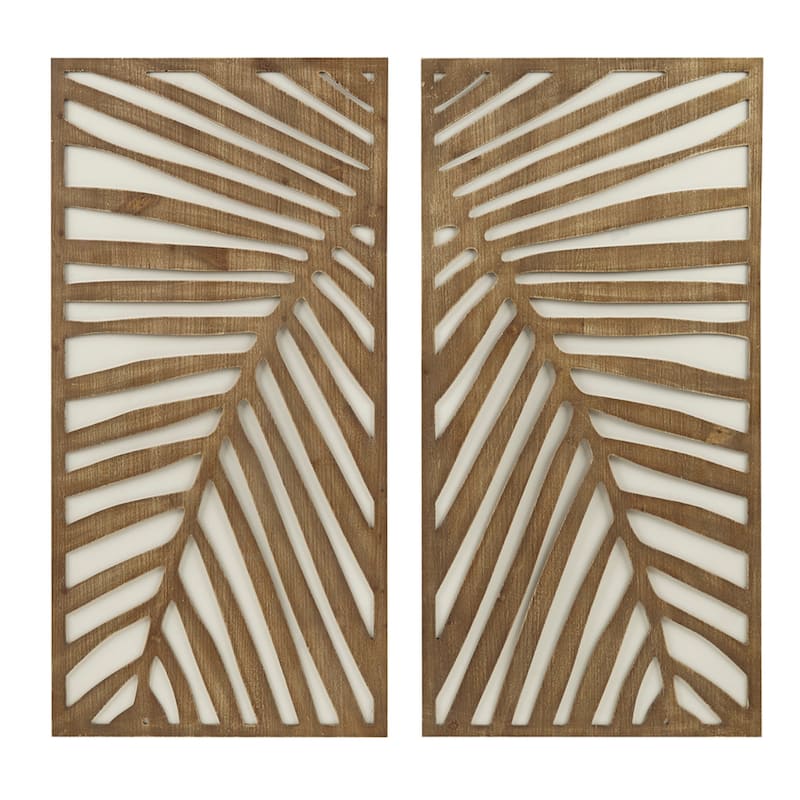 Roomfitters 2-Piece Tropical Palm Leaf Carved Wood Wall Decor Set, Dark Brown and White Botanical Dimensional Art