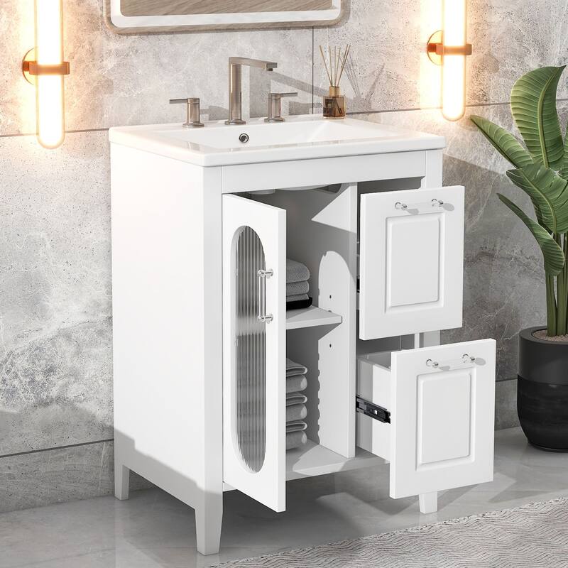 24" Black Bathroom Vanity with Sink - Solid Wood & MDF, Moru Glass Door, 2 Drawers, Adjustable Shelf