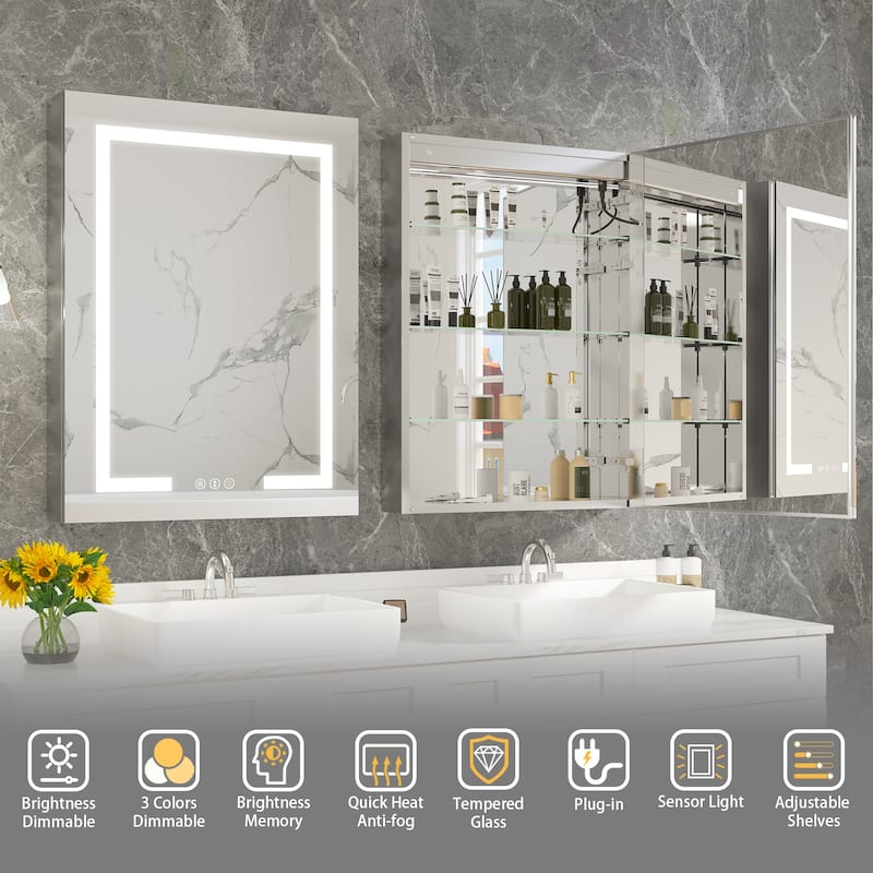 Rectangular Aluminum Recessed/Surface Mount Frameless Anti-Fog Medicine Cabinet with Dimmable LED Lights