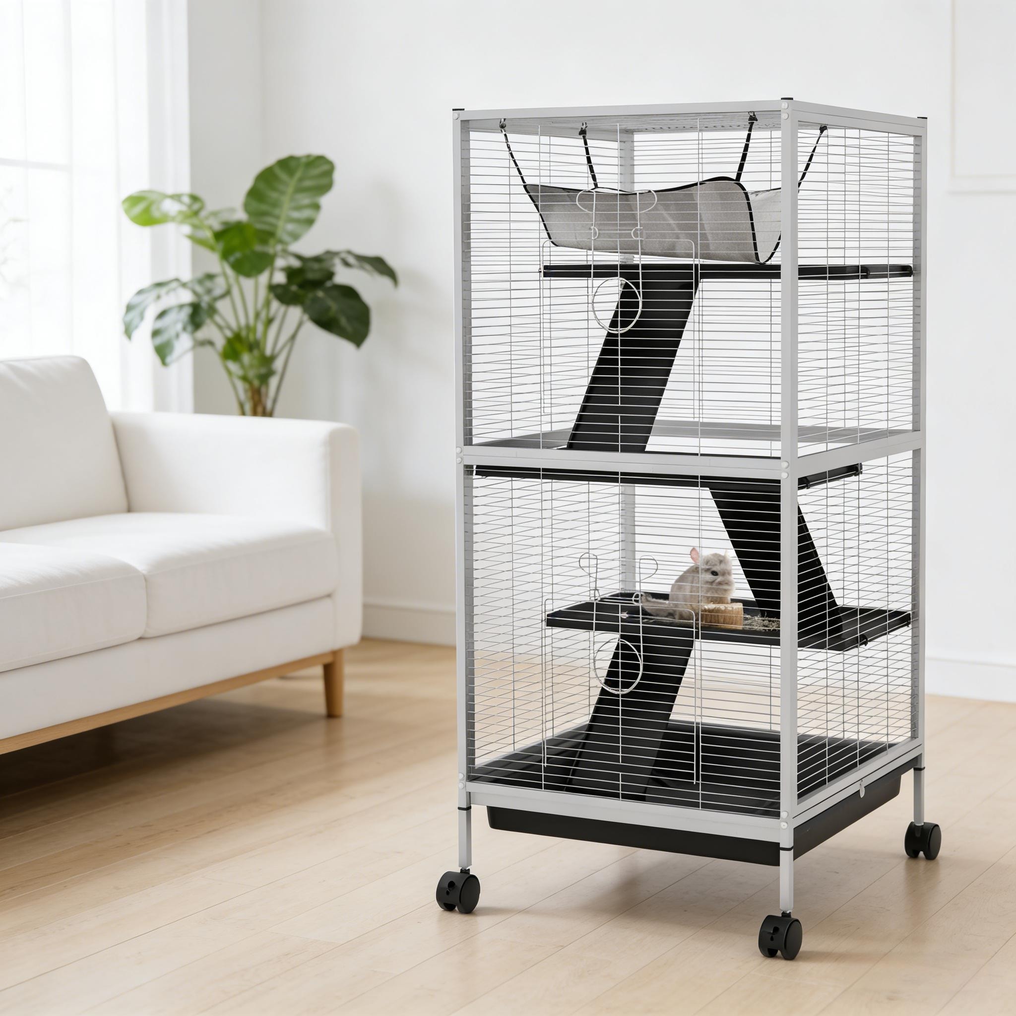Spacious Pet House,Rolling Small Animal Hutch Cage,Small Pet Hutch is designed for convenient cleaning - White