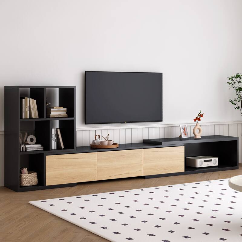 Extendable TV Stand with 3 Tier Bookshelves for TVs up to 110'', Adjustable Entertainment Center with Cabinets. - Black