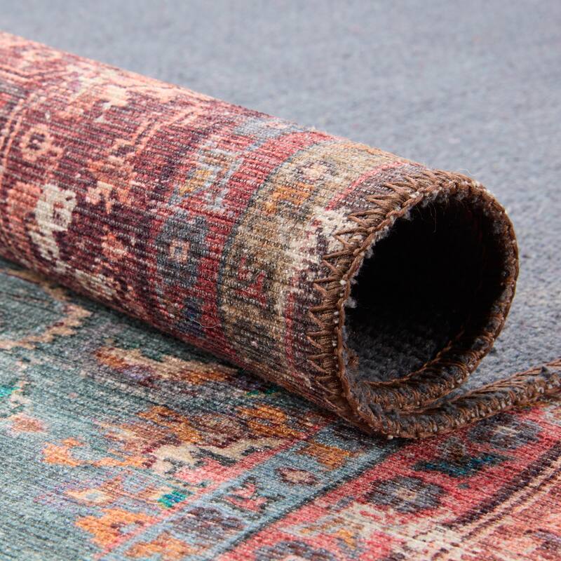 Machine Washable Kate Lester + Jaipur Living Yasha Floral Blue and Red Area Rug