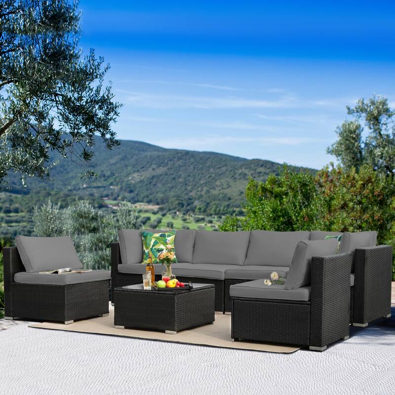 Black 7-Piece Wicker Outdoor Sectional Set Patio Sofa Set with Gray Cushions and Coffee Table