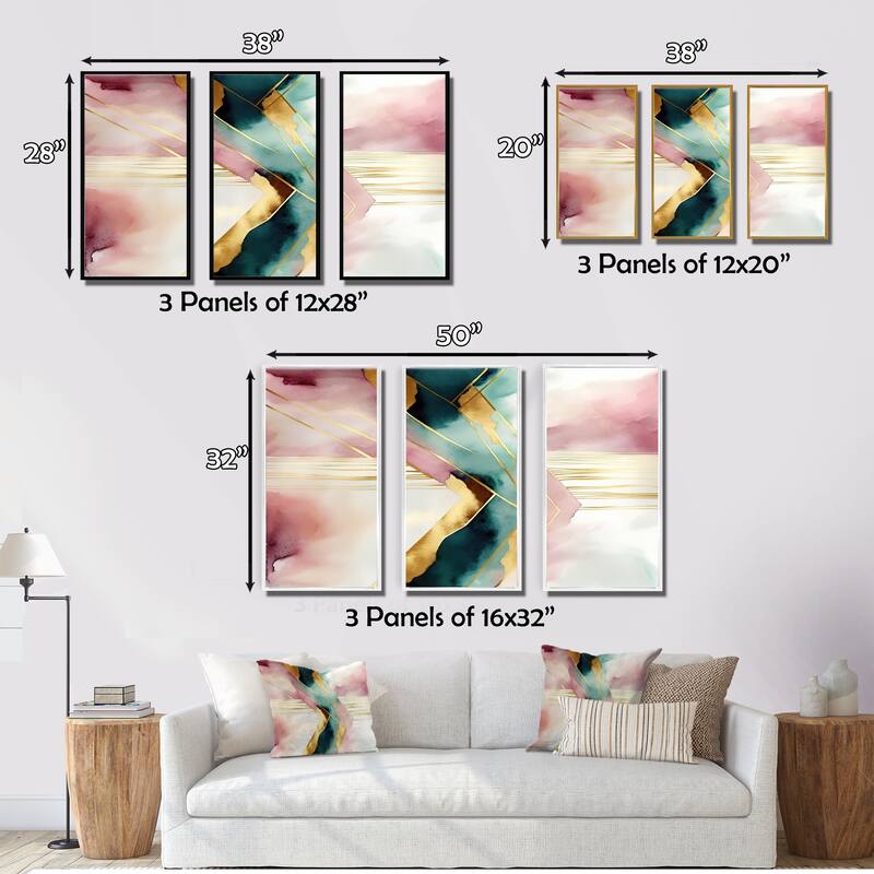 Designart "Abstract Geode Geometric Pink And Green III" Modern Geometric Framed Canvas Art Print - 3 Panels