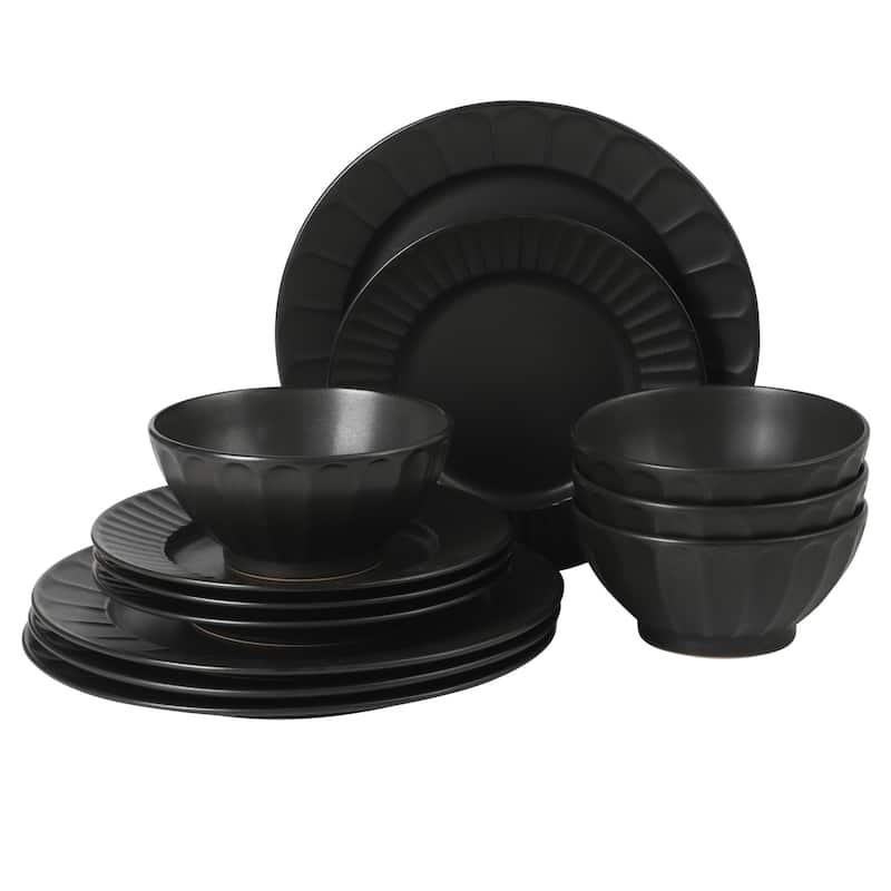 Gibson Elite Winchester Way 12-Piece Embossed Stoneware Dinnerware Set - Reactive, Durable Lightweight- Plates & Bowls Set - Black