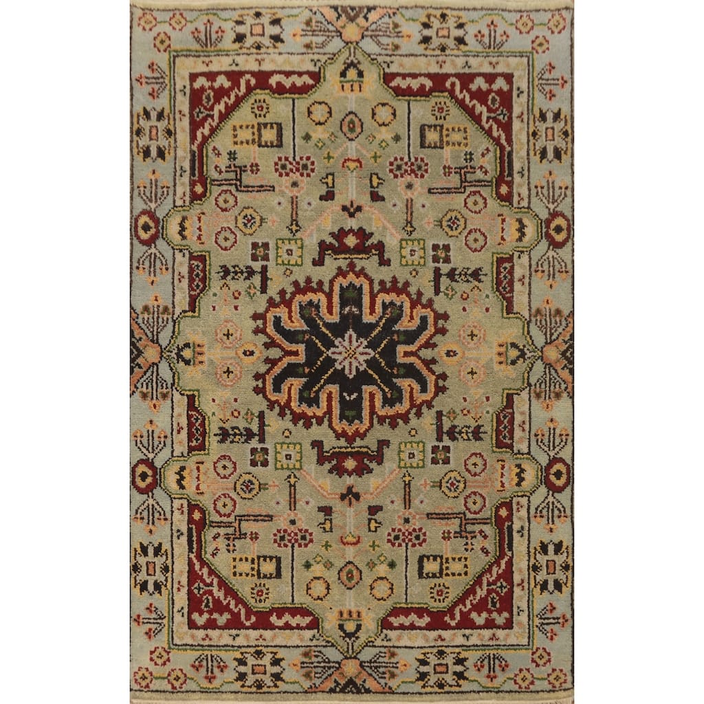 Hand-knotted Traditional Wool Green Geometric Oriental Area Rug - 5' 10'' X 4' 1''