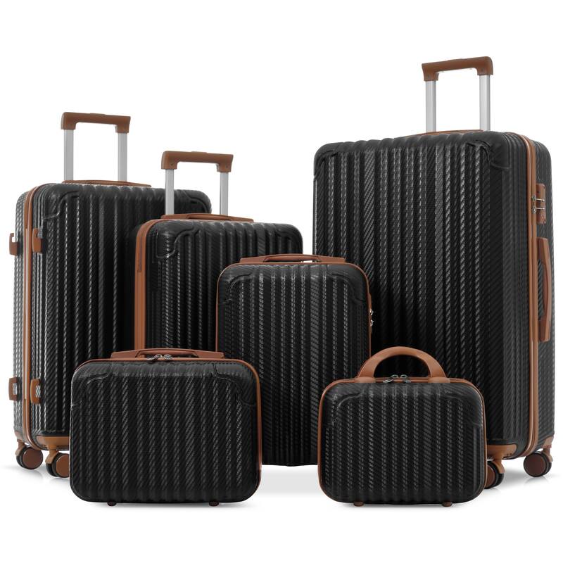 6-Piece Luggage Set, Durable Hardshell ABS Suitcase with Spinner Wheels, TSA Lock, Side Hooks, Lightweight Carry-On - Black Brown