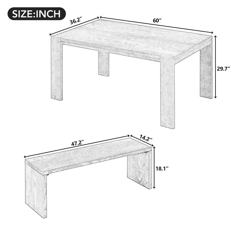 3-piece Farmhouse Style Simple Dining Set, Dining Table and 2 Benches, for Dining Room, Kitchen and Living Room (Natural