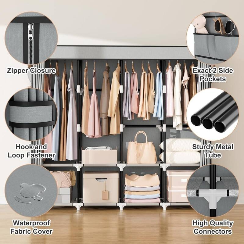 Portable Hanging Closet 67 Inches Wide, 4 Storage Shelves and 4 Hanging Rods for Bedroom Closets