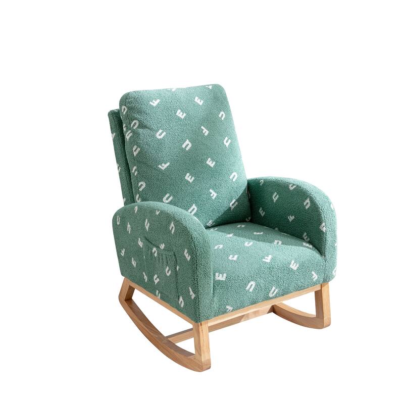 Boucle Rocking Chair with High Back, Side Pocket & Solid Wood Frame