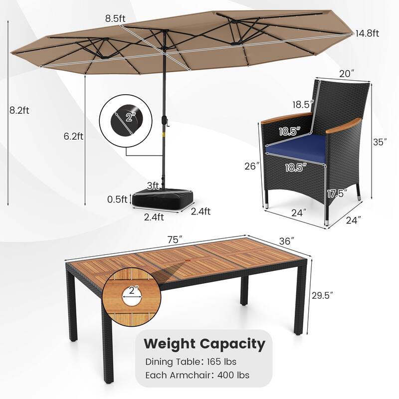 Gymax 11 PCS Patio Dining Set w/ 15ft Double-Sided Patio Umbrella