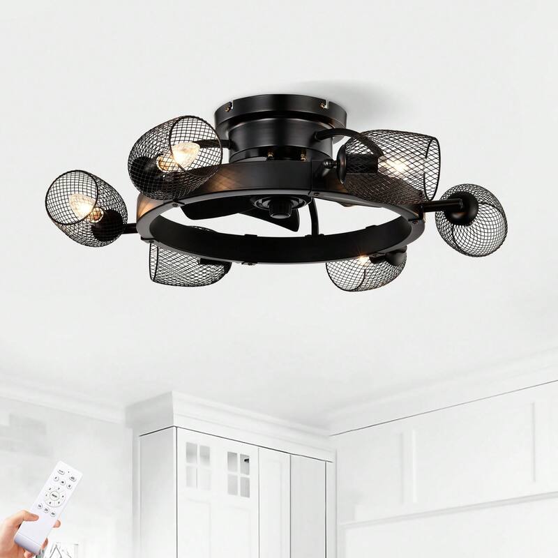 Cusp Barn 25.8'' Industrial Ceiling Fan with Remote, 5 ABS Blades Quiet DC Motor Black Fandelier Ceiling Fan for Bedroom