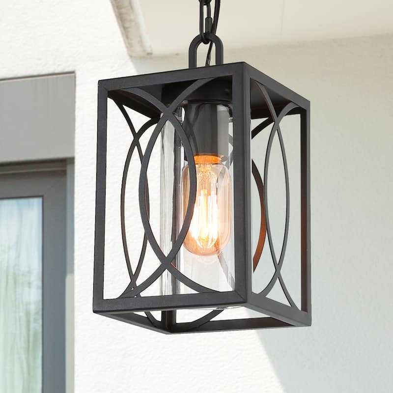 Pauly Modern Farmhouse 1-Light Black Outdoor Lantern Pendant with Clear Glass Shade Ceiling Hanging Light