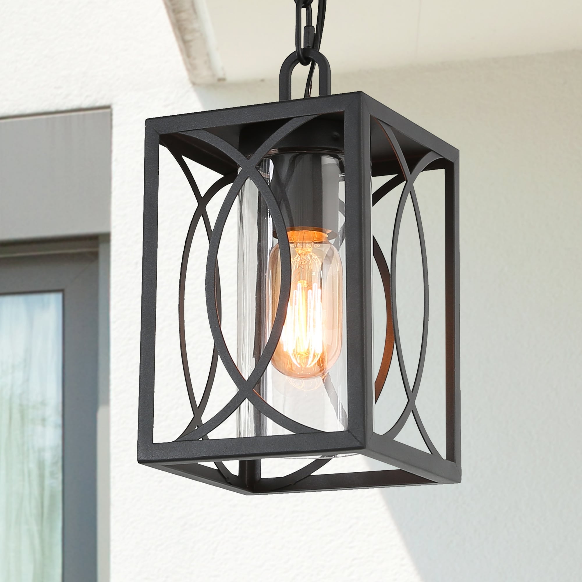 Pauly Modern Farmhouse 1-Light Black Outdoor Lantern Pendant with Clear Glass Shade Ceiling Hanging Light