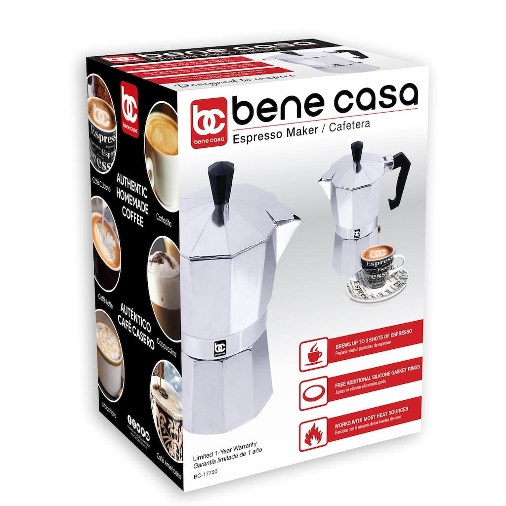 Bene Casa 3 cup aluminum espresso maker, stove top espresso maker, single shot - 3 Cup
