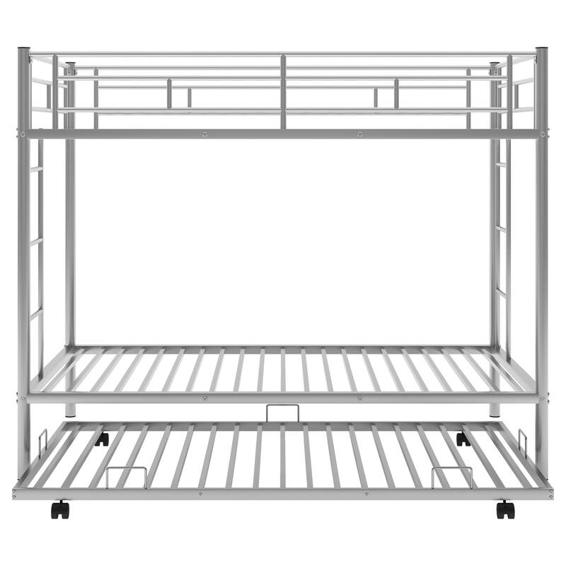 Space-Saving Twin over Twin Bunk Bed with Trundle - Sturdy Metal Frame, Easy Assembly in Black/White/Grey