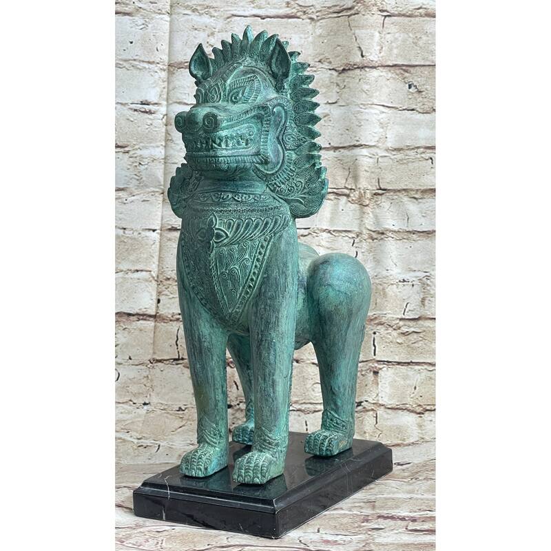 Chinese Foo Dog Guardian Lion Bronze Sculpture Statue Signed Handmade Art 13 Inches X 6 Inches