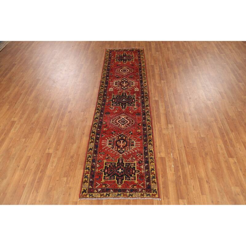 Hand Knotted Oriental 100% Wool Carpet Traditional Geometric Oranges & Rust Heriz Runner Rug - 10' 4'' X 2' 7''